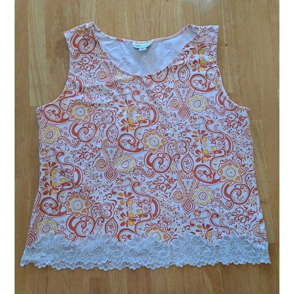 Coldwater Creek Tops - Coldwater Creek Womens XL Orange & Yellow Paisley Floral Sleeveless Top Lace Hem